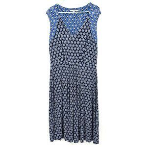 Boden Size US 14 Short Sleeve V-Neck Midi Dress Blue Black‎ Flower Print Pattern